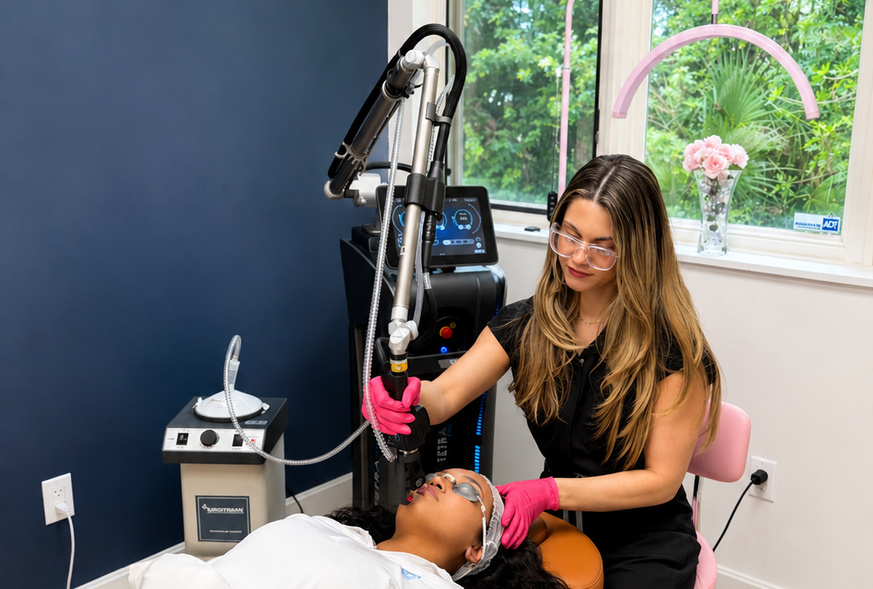 Patient receiving CO2 laser skin resurfacing treatment from a provider at Refresh - Aesthetics & Wellness in Florida